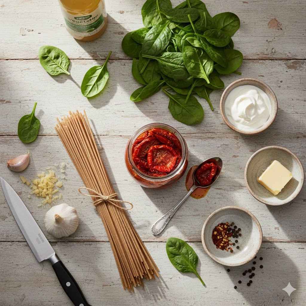 Key ingredients for Spaghetti &amp; Spinach with Sun-Dried Tomato Cream Sauce, including sun-dried tomatoes, pasta, spinach, and sour cream.