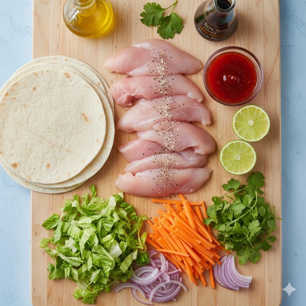 Raw sliced chicken, tortillas, shredded lettuce, carrots, and bottle of sweet chili sauce—all ingredients for the sweet chili chicken wraps.
