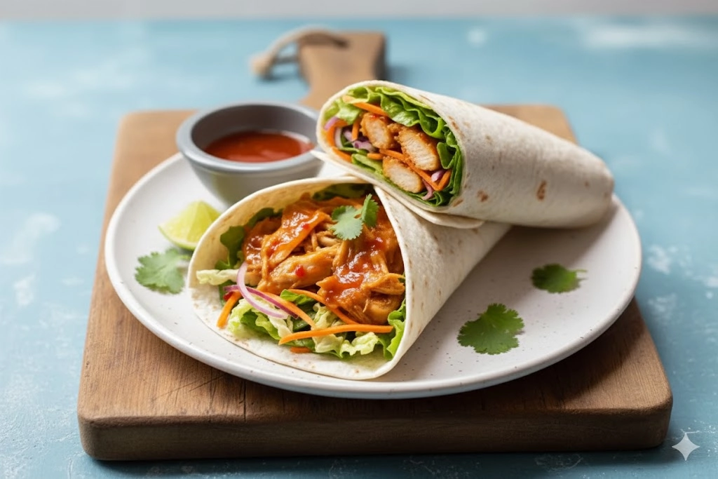 Stack of two perfectly wrapped sweet chili chicken wraps on a cutting board.