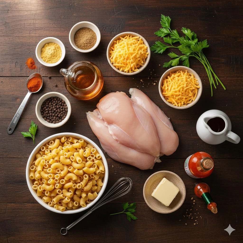 All necessary ingredients laid out for making the Honey Pepper Chicken Mac and Cheese, including pasta, cheese, chicken, and honey. All necessary ingredients laid out for making the Honey Pepper Chicken Mac and Cheese, including pasta, cheese, chicken, and honey.