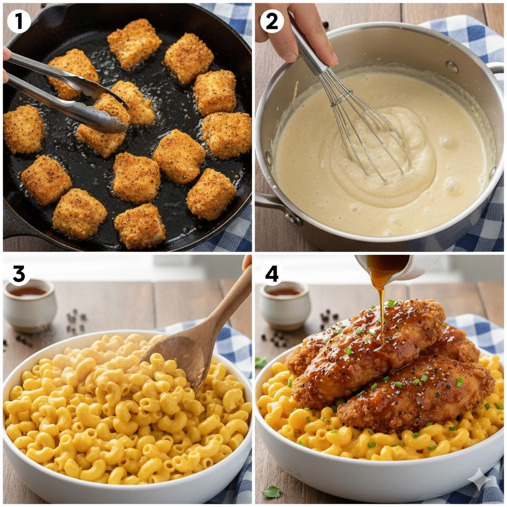 Close-up of the roux being whisked with milk for the creamy sauce base of the Honey Pepper Chicken Mac and Cheese. Close-up of the roux being whisked with milk for the creamy sauce base of the Honey Pepper Chicken Mac and Cheese.
