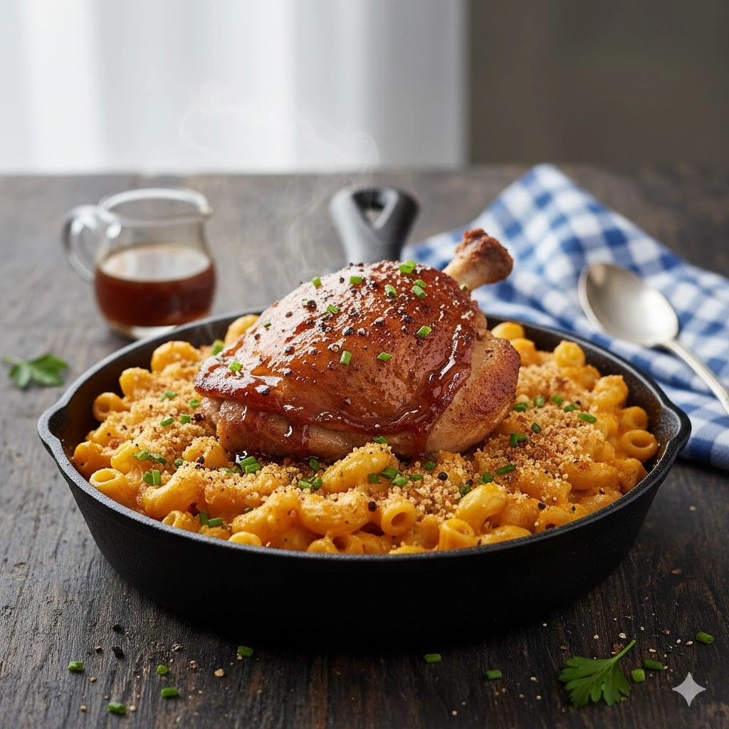 Creamy baked Honey Pepper Chicken Mac and Cheese topped with a glossy, golden glaze and fresh chives. Creamy baked Honey Pepper Chicken Mac and Cheese topped with a glossy, golden glaze and fresh chives.