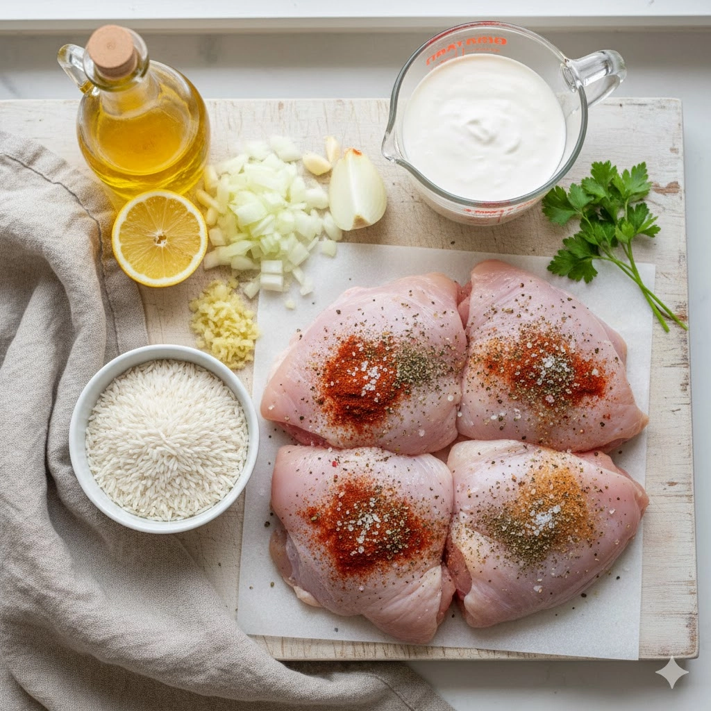 Key ingredients for Creamy Smothered Chicken and Rice, including chicken, rice, heavy cream, and aromatics.