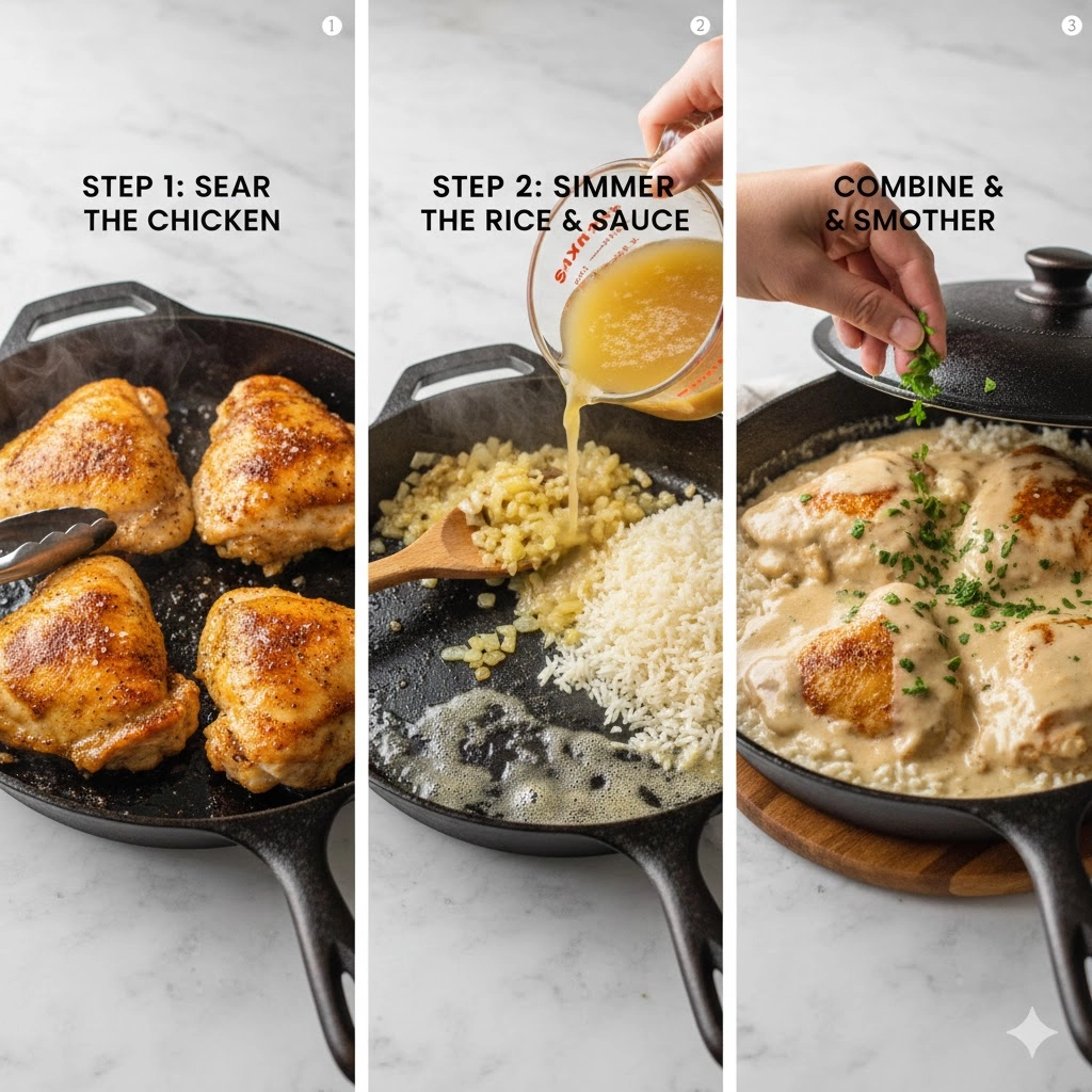 Chicken pieces searing in a skillet to build the fond for the Creamy Smothered Chicken and Rice sauce.
