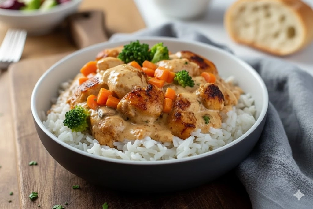 A Dutch oven filled with rich Creamy Smothered Chicken and Rice, garnished with fresh parsley.