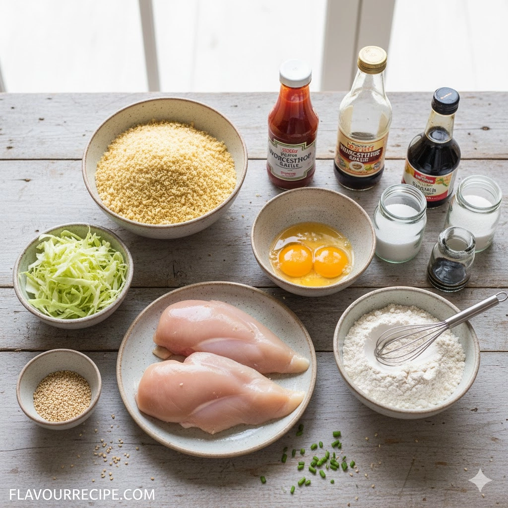 Essential ingredients, including panko, eggs, chicken, and sauce components, for Japanese Katsu Bowls with Tonkatsu Sauce.