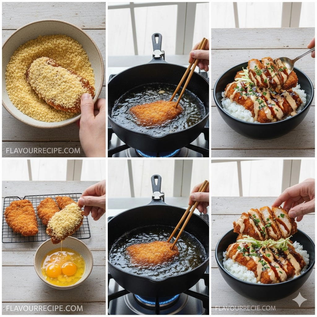 Close-up of chicken being pressed into panko during the dredging process for Japanese Katsu Bowls with Tonkatsu Sauce.
