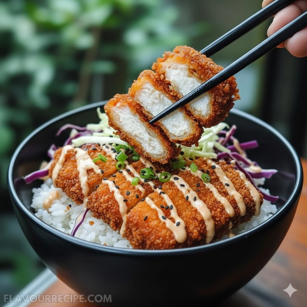 A beautifully plated and sliced Homemade Japanese Katsu Bowls with Tonkatsu Sauce, showing the golden-brown crust.