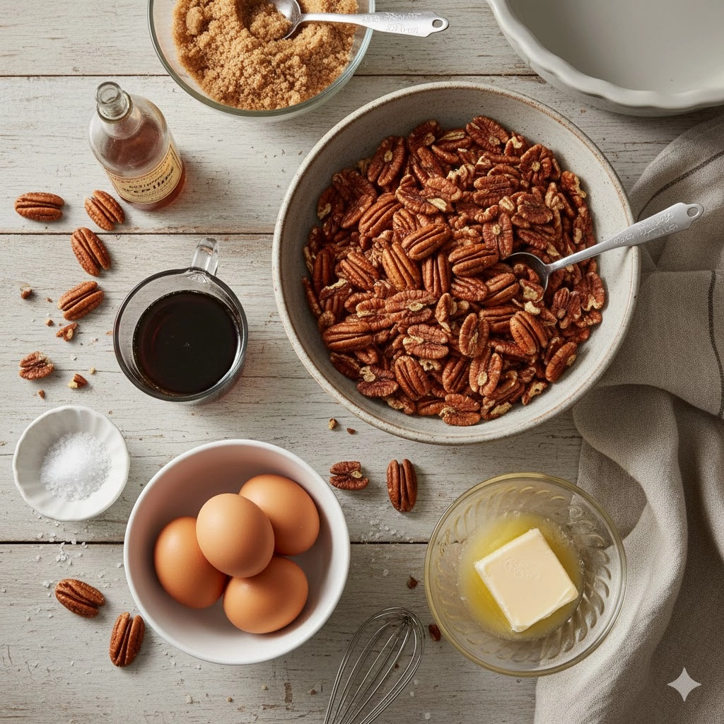 Essential ingredients for the pecan pie recipe filling, including syrup, brown sugar, eggs, and toasted pecan halves.