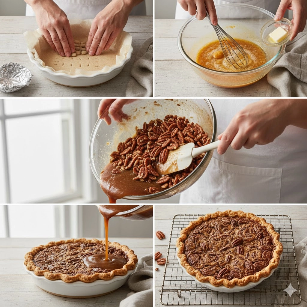 The pecan pie recipe filling being poured into the pre-baked crust before going into the oven.
