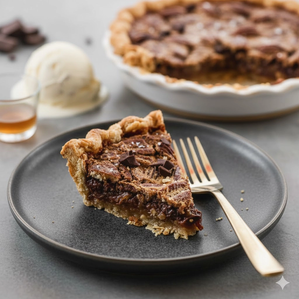 A perfect slice of rich homemade pecan pie recipe on a white plate with a side of vanilla ice cream.