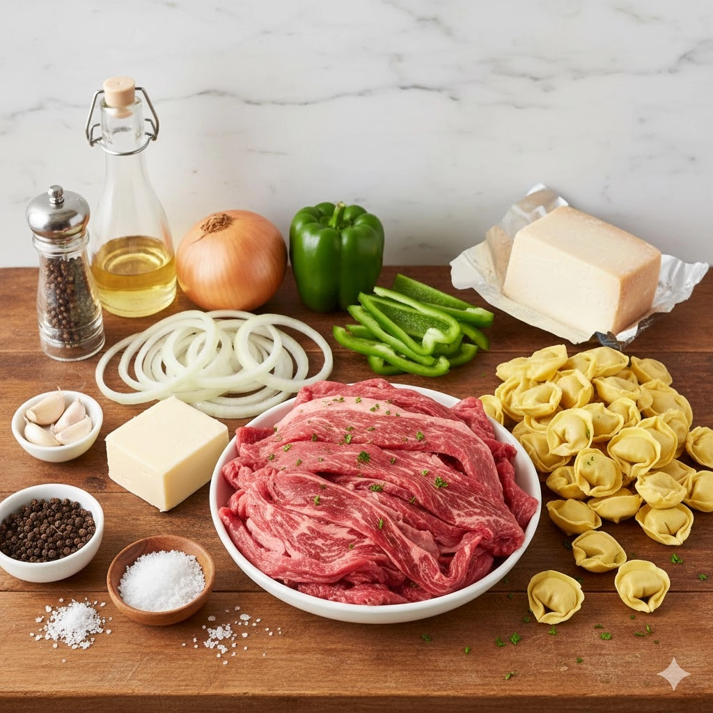 All raw ingredients laid out, including sliced ribeye beef, tortellini, onions, and bell peppers for Cheesesteak Tortellini.