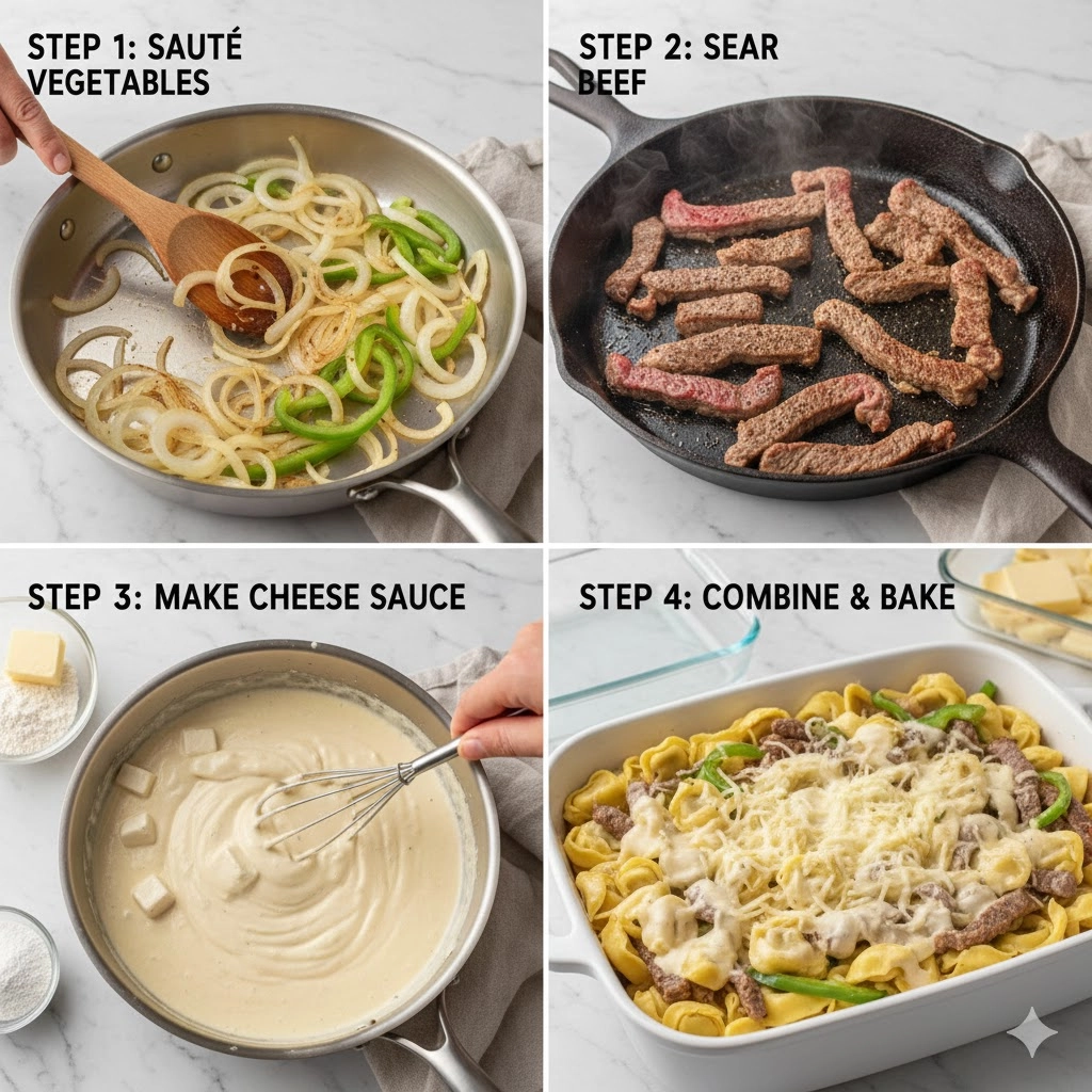 A close-up of the creamy white cheese sauce being made in a skillet, which will be the base for the Cheesesteak Tortellini.