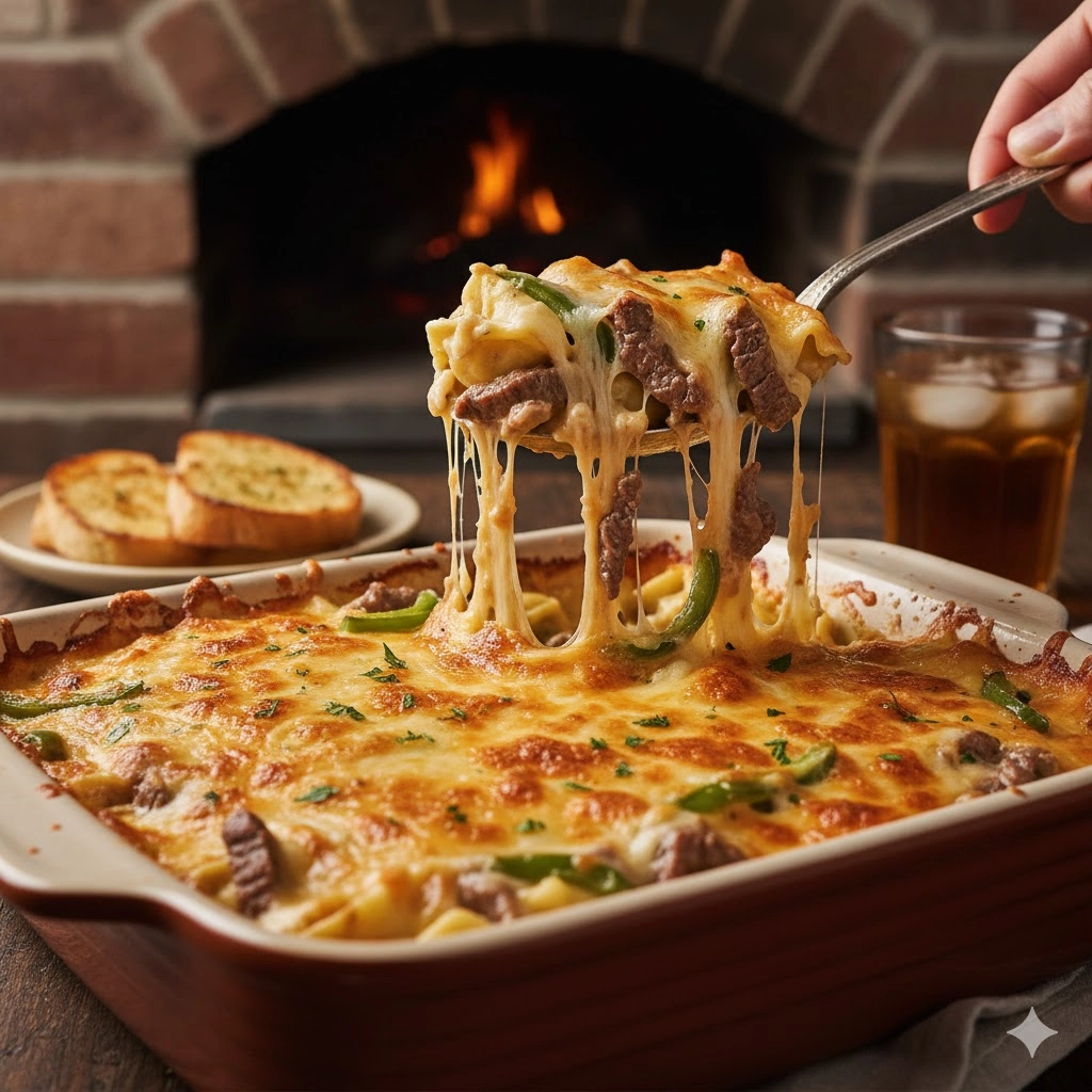 A baked casserole dish of creamy Cheesesteak Tortellini topped with golden melted cheese.