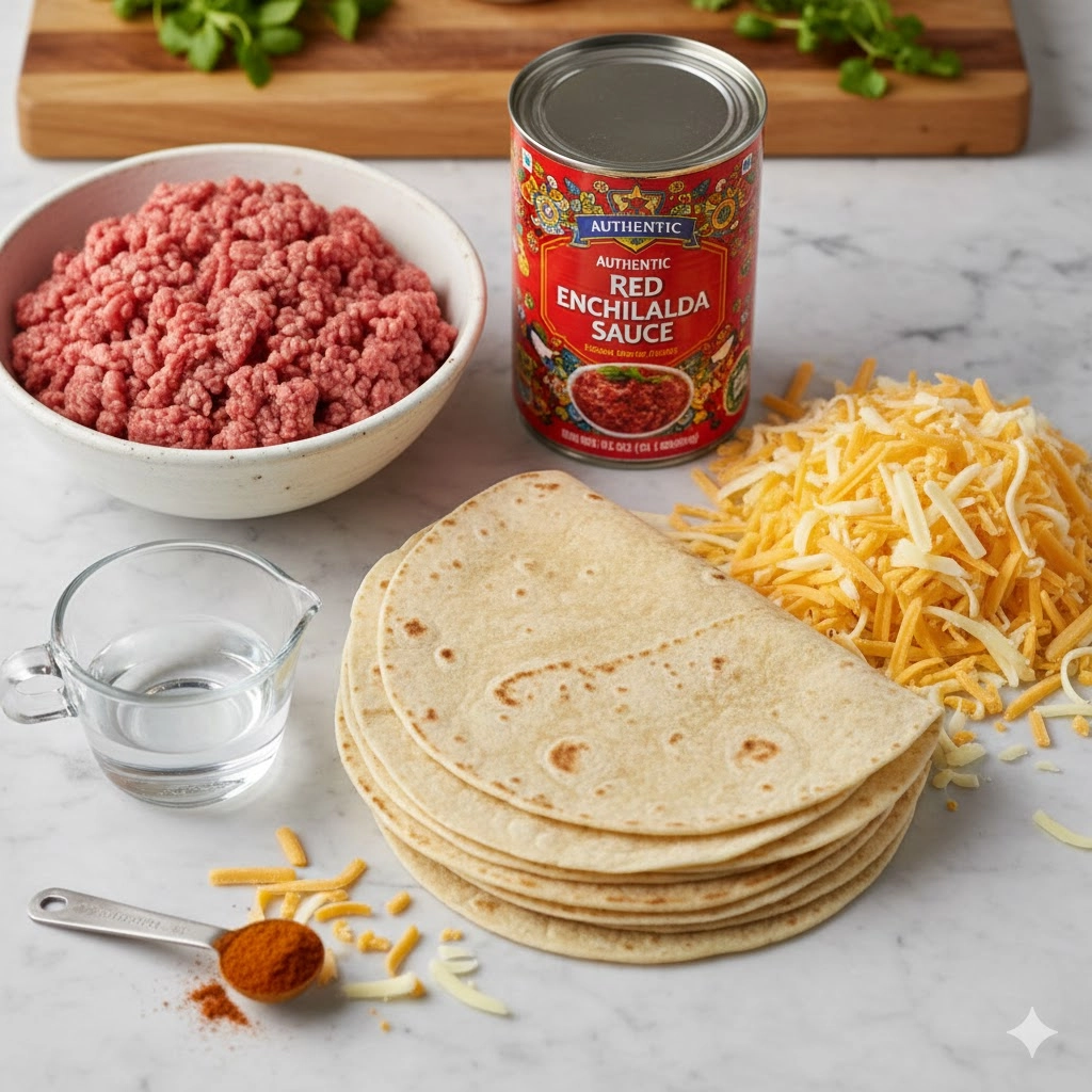 The five core ingredients for 5 Ingredient Beef Enchiladas: ground beef, sauce, tortillas, and shredded cheese. The five core ingredients for 5 Ingredient Beef Enchiladas: ground beef, sauce, tortillas, and shredded cheese.