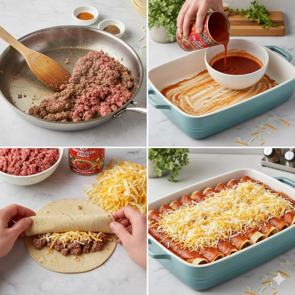 Hands rolling a flour tortilla filled with seasoned ground beef and cheese for the 5 Ingredient Beef Enchiladas. Hands rolling a flour tortilla filled with seasoned ground beef and cheese for the 5 Ingredient Beef Enchiladas.