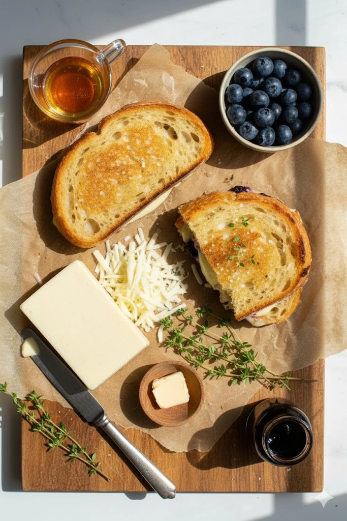 Display of main ingredients: sourdough bread, sharp white cheddar block, fresh blueberries, and a bowl of softened butter for Gourmet Blueberry Grilled Cheese.