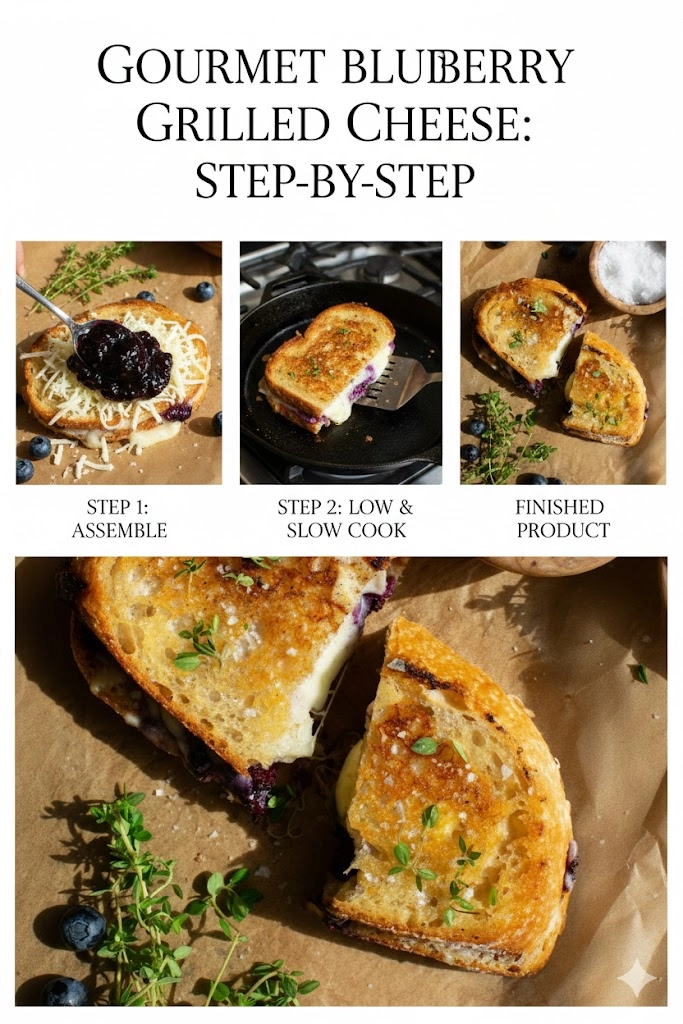 Gourmet Blueberry Grilled Cheese cooking in a skillet over low heat, demonstrating the low-and-slow cooking method for a perfect crust.