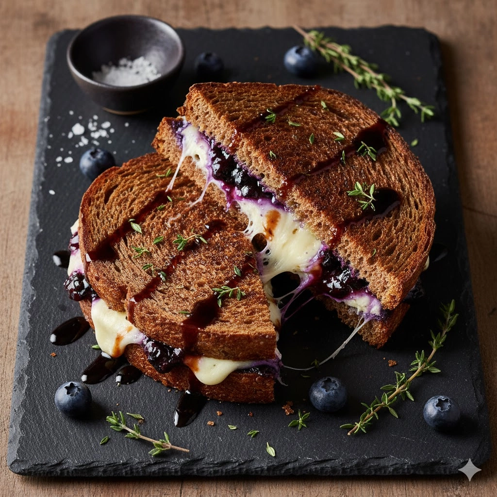 Stacked halves of a golden-brown Gourmet Blueberry Grilled Cheese showing the melted white cheddar and compote filling.