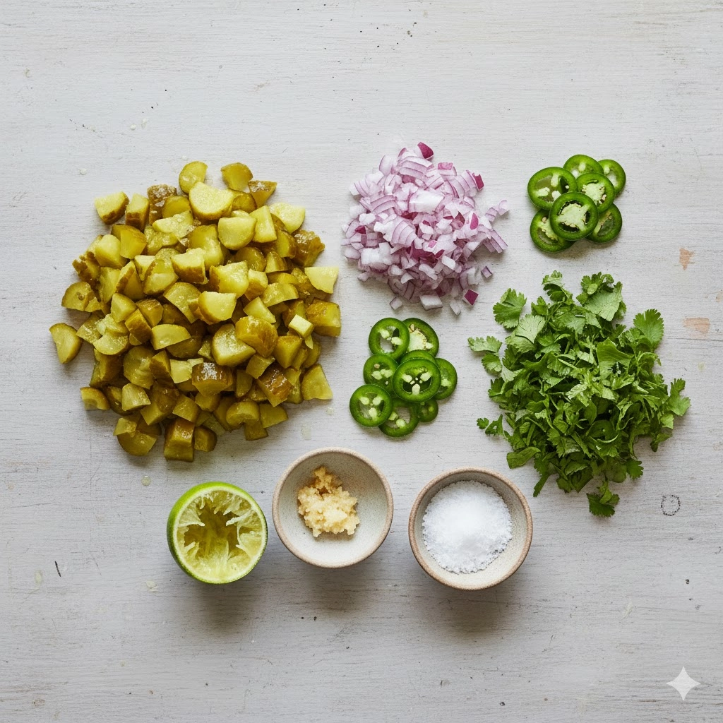 Key ingredients for the pickle de gallo recipe laid out: dill pickles, red onion, cilantro, and jalapeño.