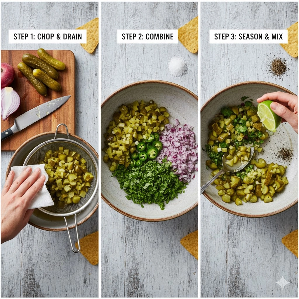 A close-up of finely diced and drained pickles in a bowl, ready to be mixed for the pickle de gallo recipe.