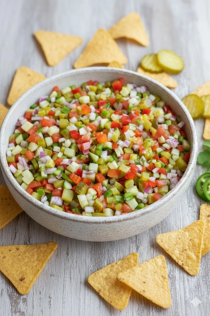 Large bowl of fresh pickle de gallo recipe with tortilla chips for dipping.