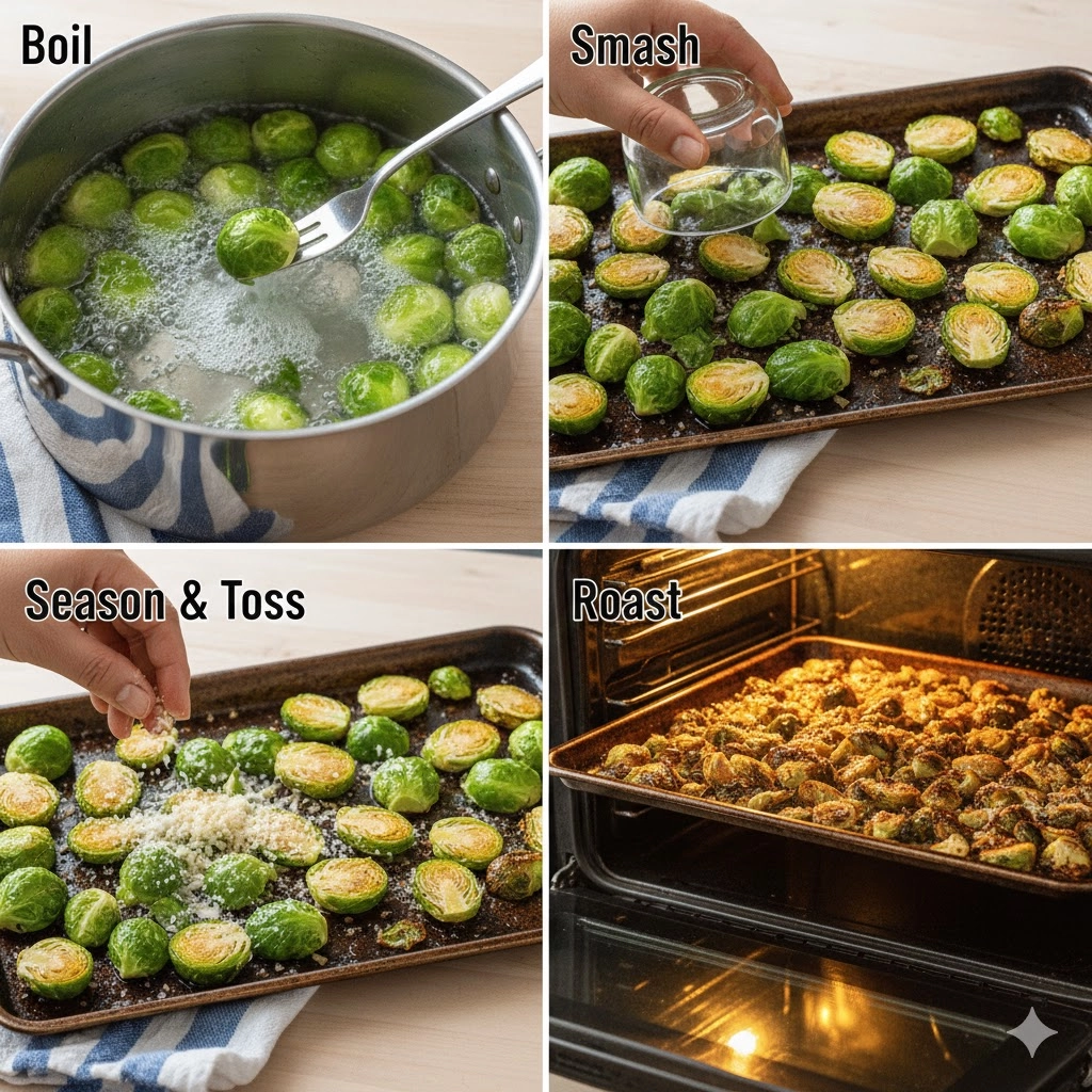 A hand pressing down on a boiled Brussels sprout using the bottom of a glass to smash it flat.