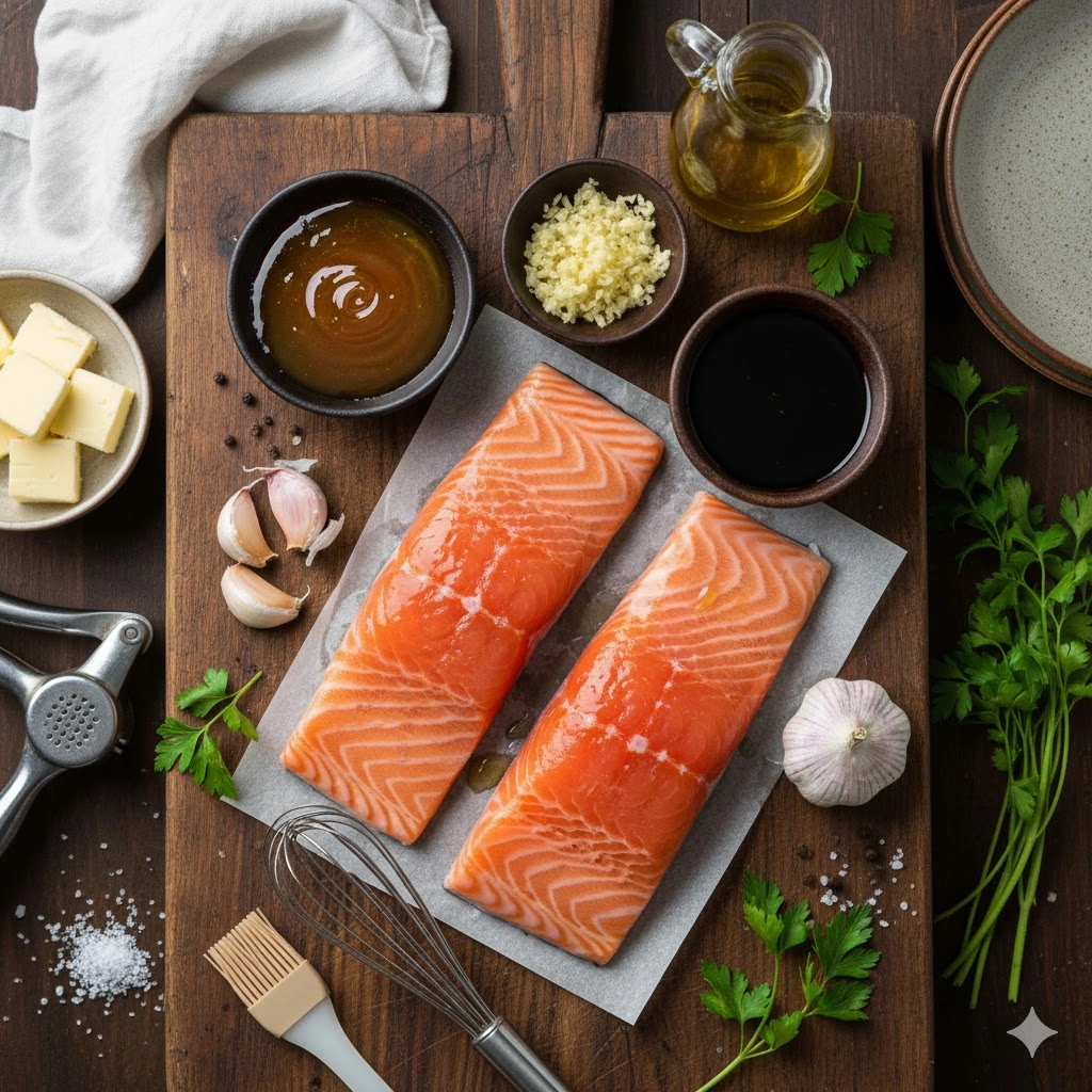 Raw salmon fillets, honey, garlic cloves, and soy sauce, the key ingredients for Honey Garlic Glazed Salmon.