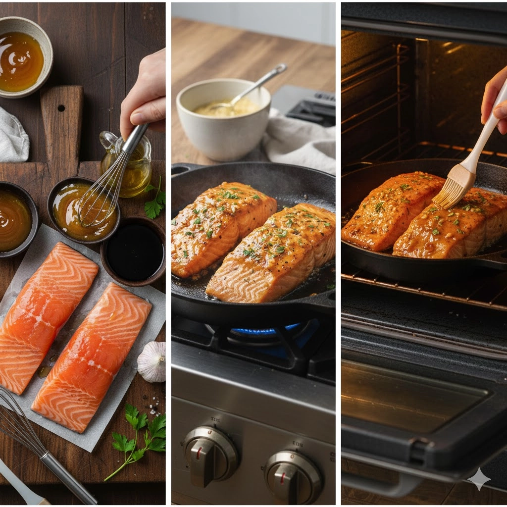 Glazing Honey Garlic Glazed Salmon with a basting brush in a hot cast-iron skillet before baking.