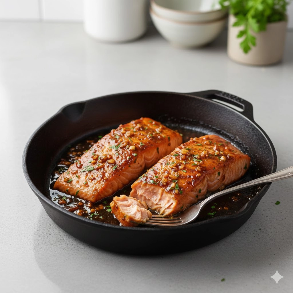 Oven-seared Honey Garlic Glazed Salmon fillets served with fresh parsley and a lemon wedge.