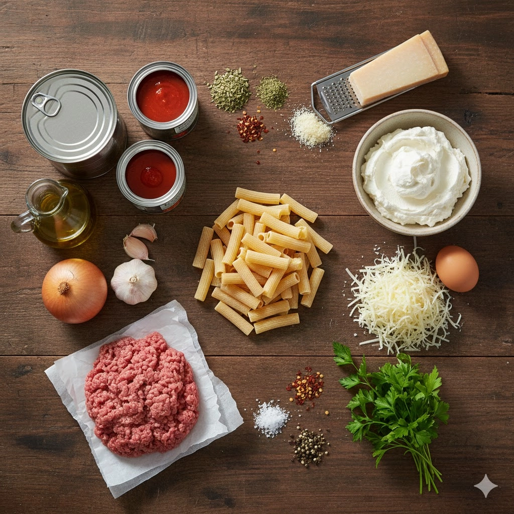 A flat lay of essential ingredients for Cheesy Baked Ziti, including ziti pasta, ricotta, crushed tomatoes, and ground beef.