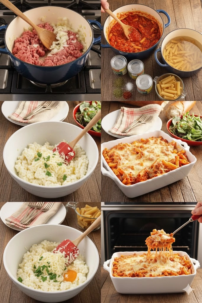 Hand assembling the layers of sauce, ziti, and ricotta filling in a 9x13-inch dish for the Cheesy Baked Ziti recipe.