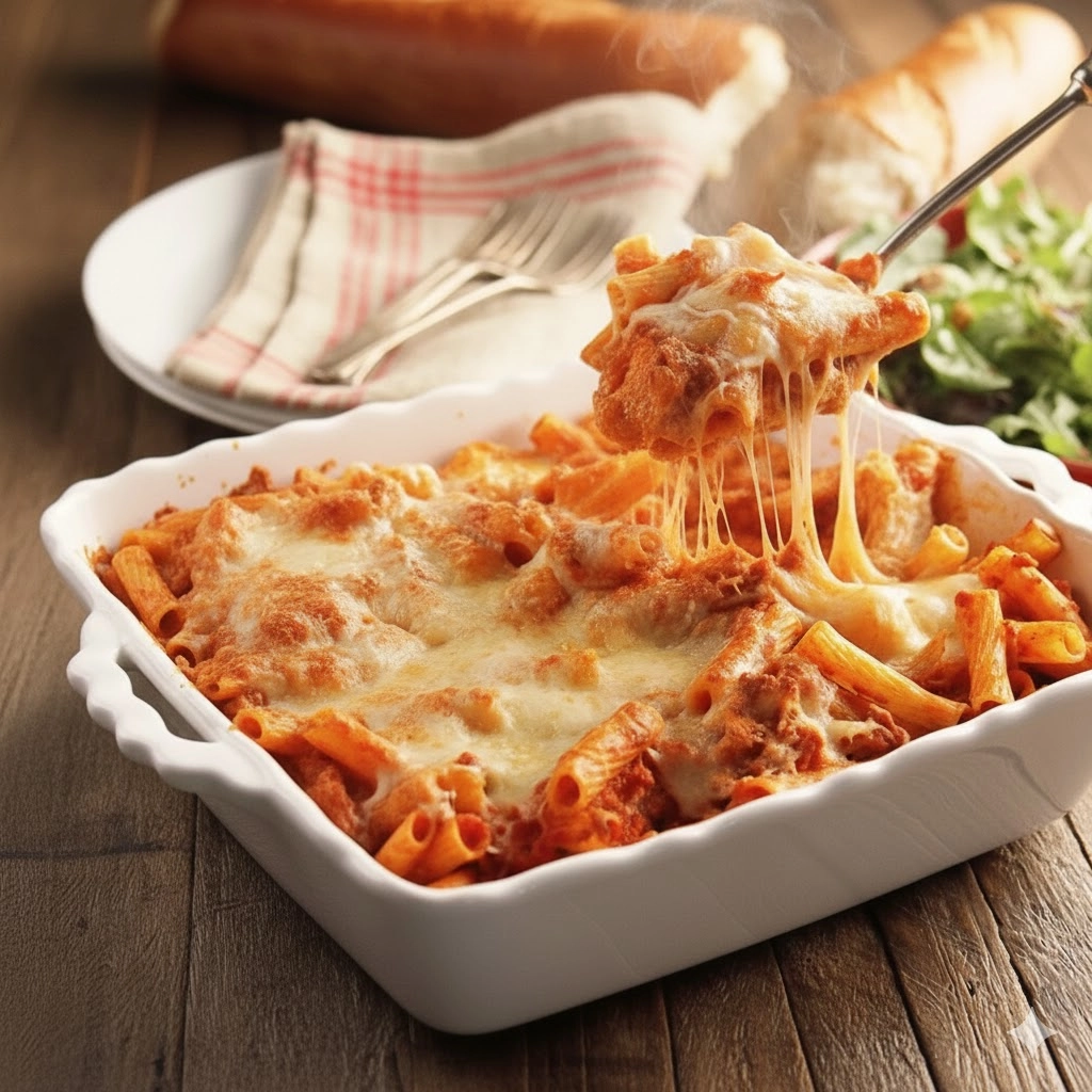 Close-up of hot, bubbling, golden-brown Cheesy Baked Ziti fresh out of the oven in a white casserole dish.