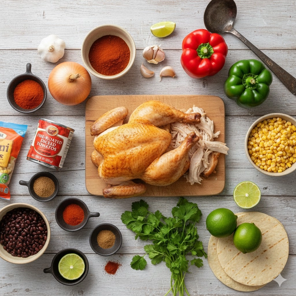 Lay flat photo of all raw ingredients needed for the Chicken Tortilla Soup Recipe including fresh produce and spices.