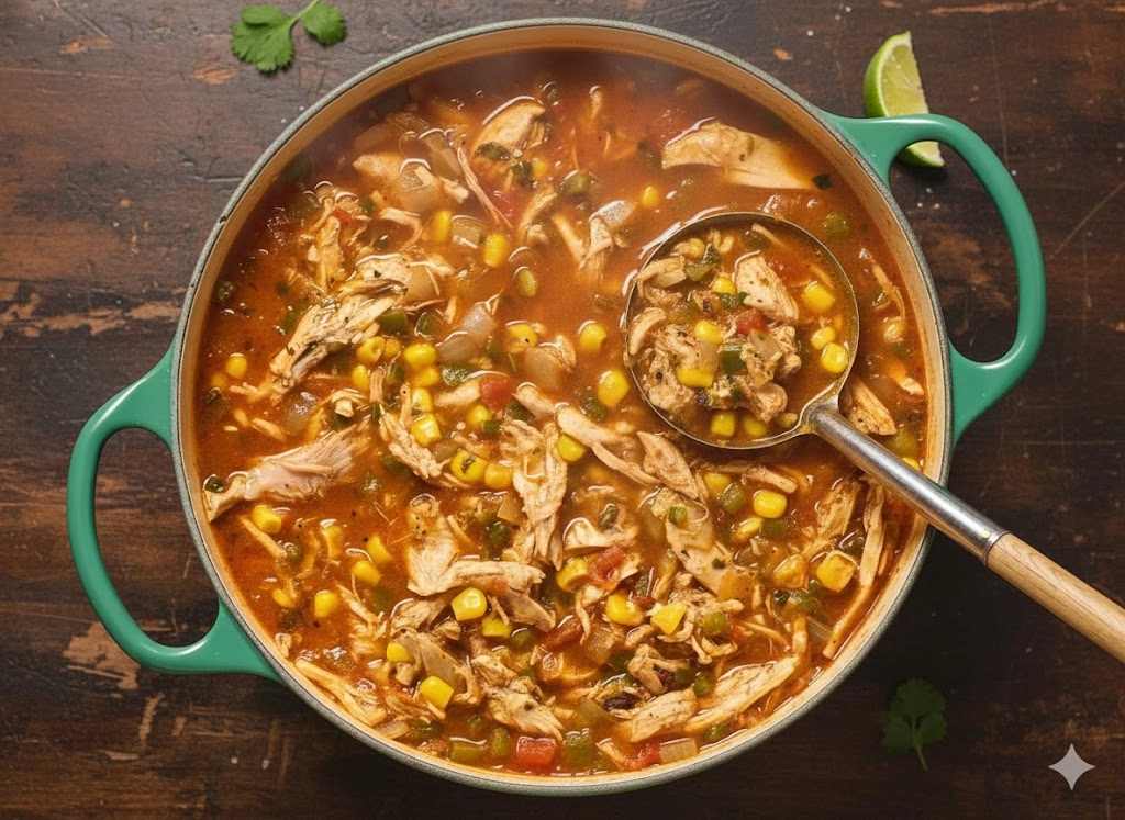 A bowl of authentic, garnished Chicken Tortilla Soup Recipe with crispy tortilla strips and avocado slices.