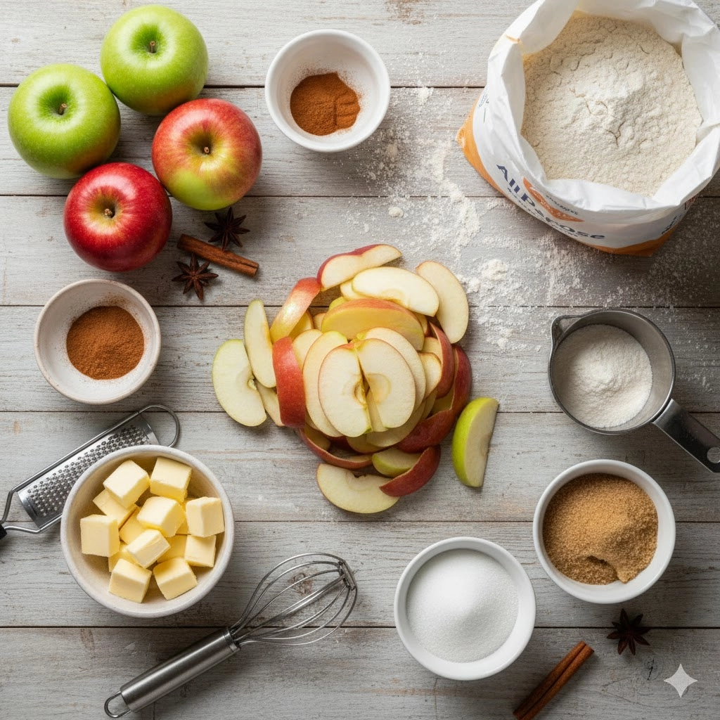 Ingredients laid out for the apple pie recipe, including sliced apples and pie dough.
