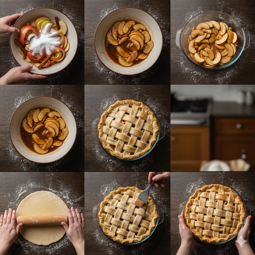 Step-by-step photo of placing the apple filling into the crust for the apple pie recipe.