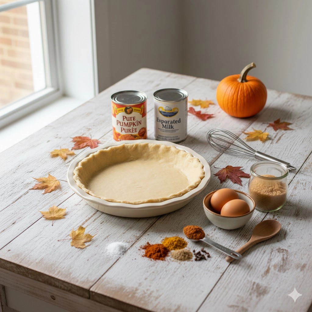 Key ingredients for pumpkin pie filling, including pumpkin puree, eggs, evaporated milk, and spice blend.