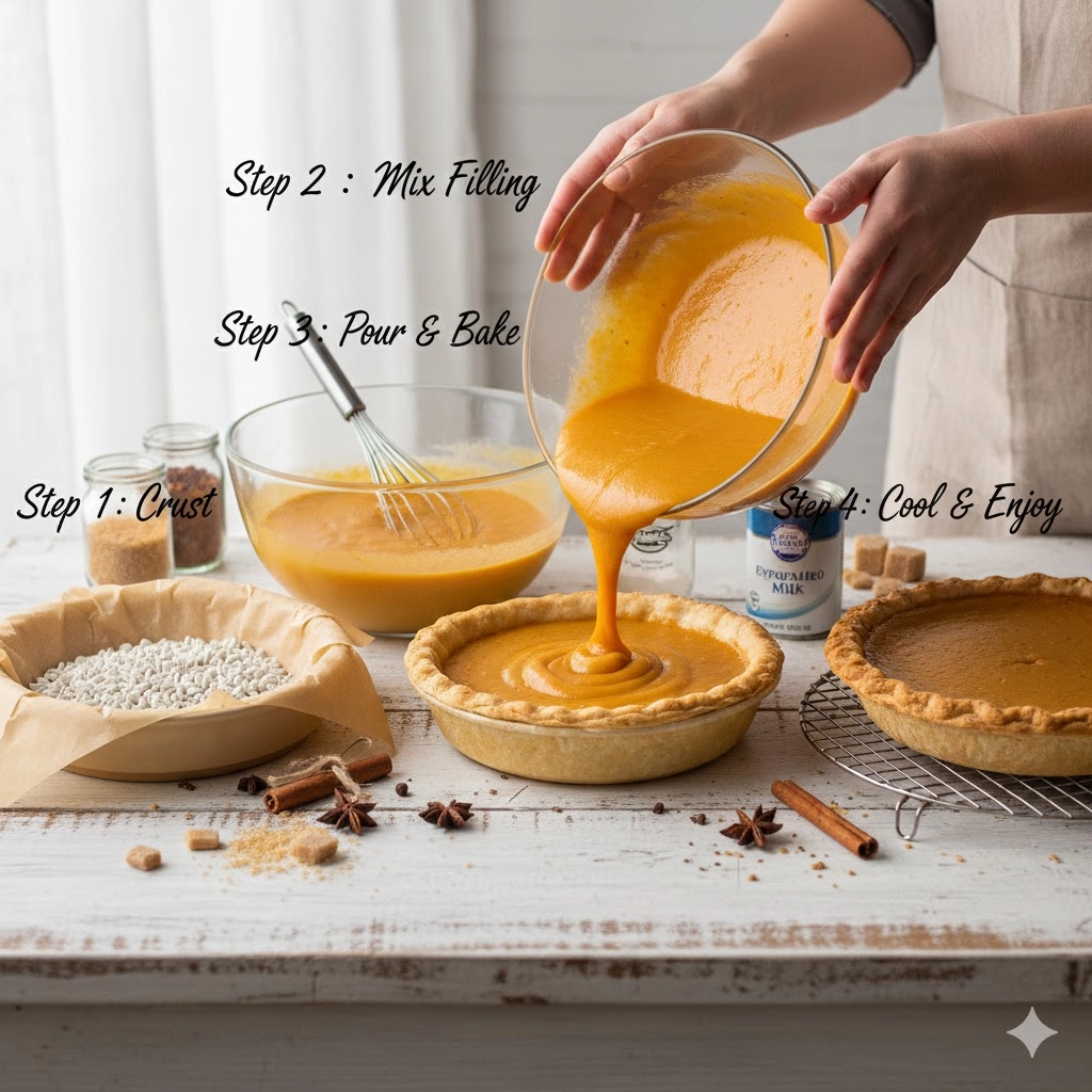 Hands carefully pouring the smooth, unbaked pumpkin pie filling into the blind-baked crust.