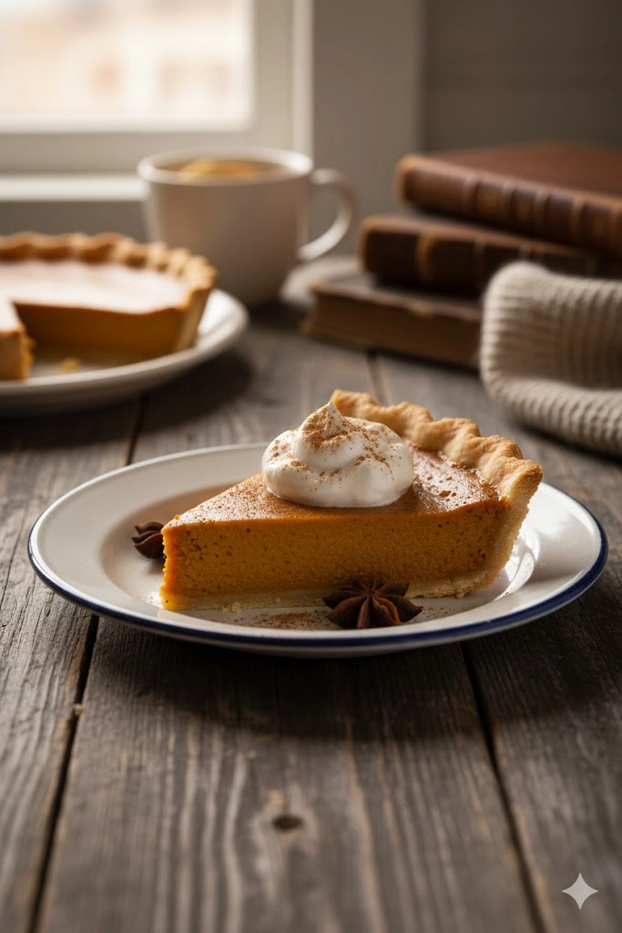 Slice of perfect homemade pumpkin pie on a plate with a dollop of whipped cream.
