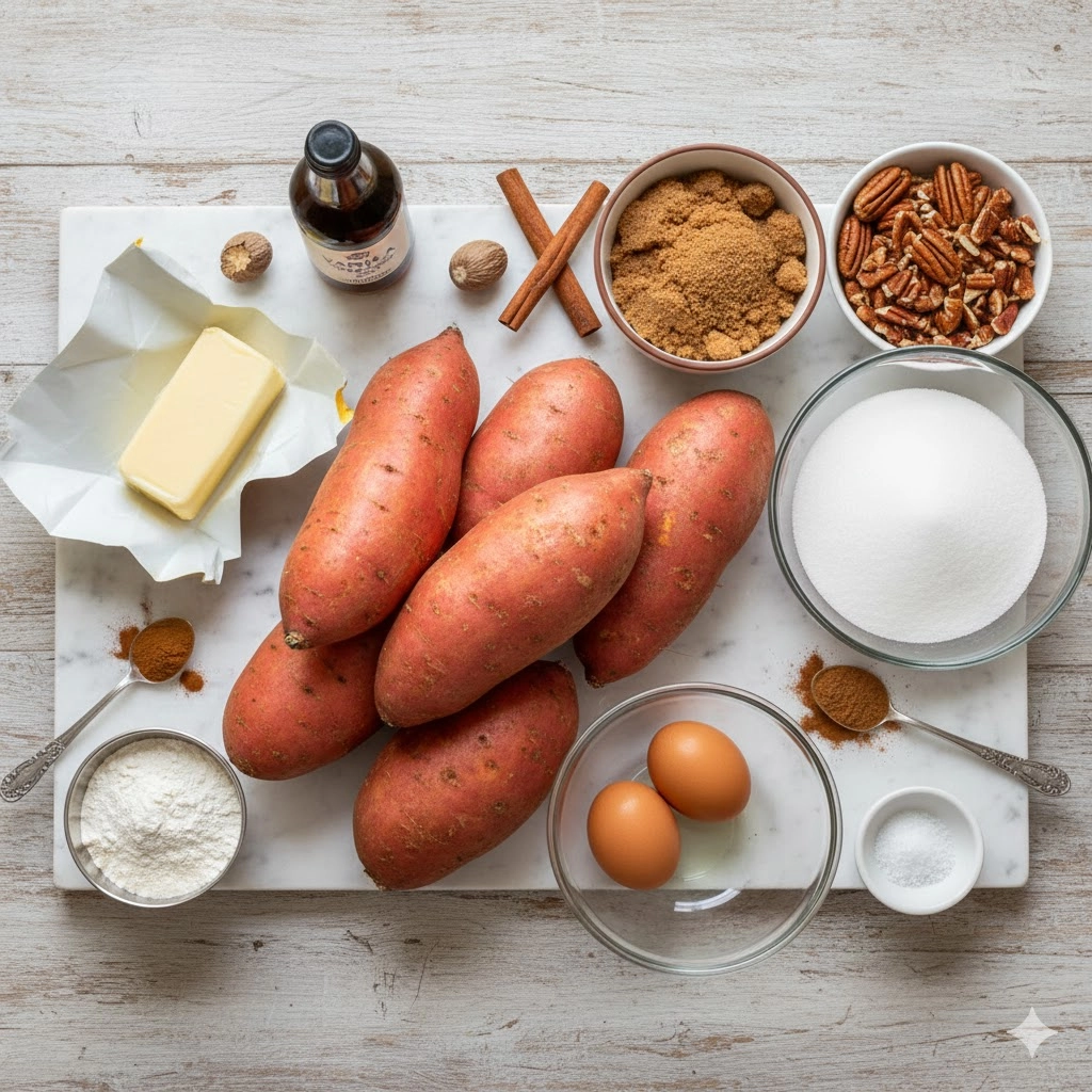 All ingredients laid out to make the sweet potato casserole filling and topping
