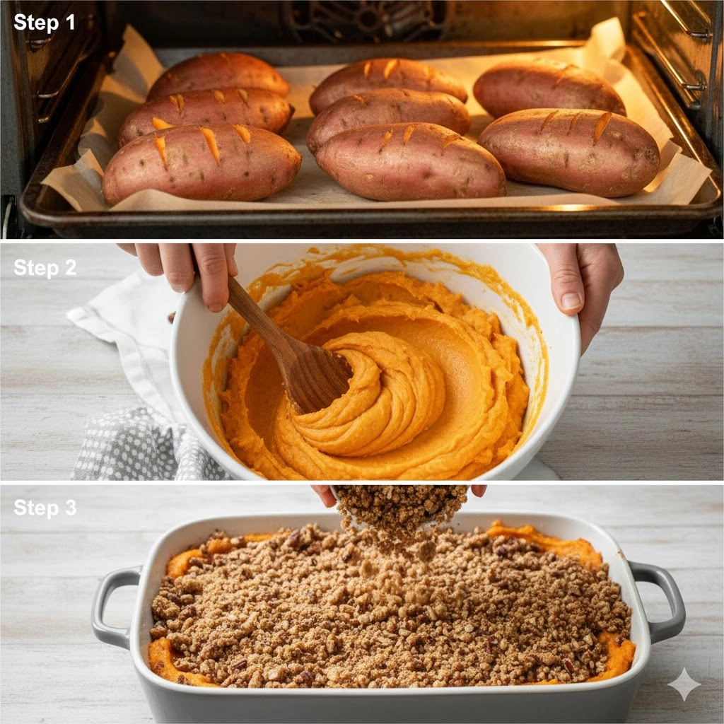 A hand mixing the creamy mashed sweet potato casserole filling in a large glass bowl