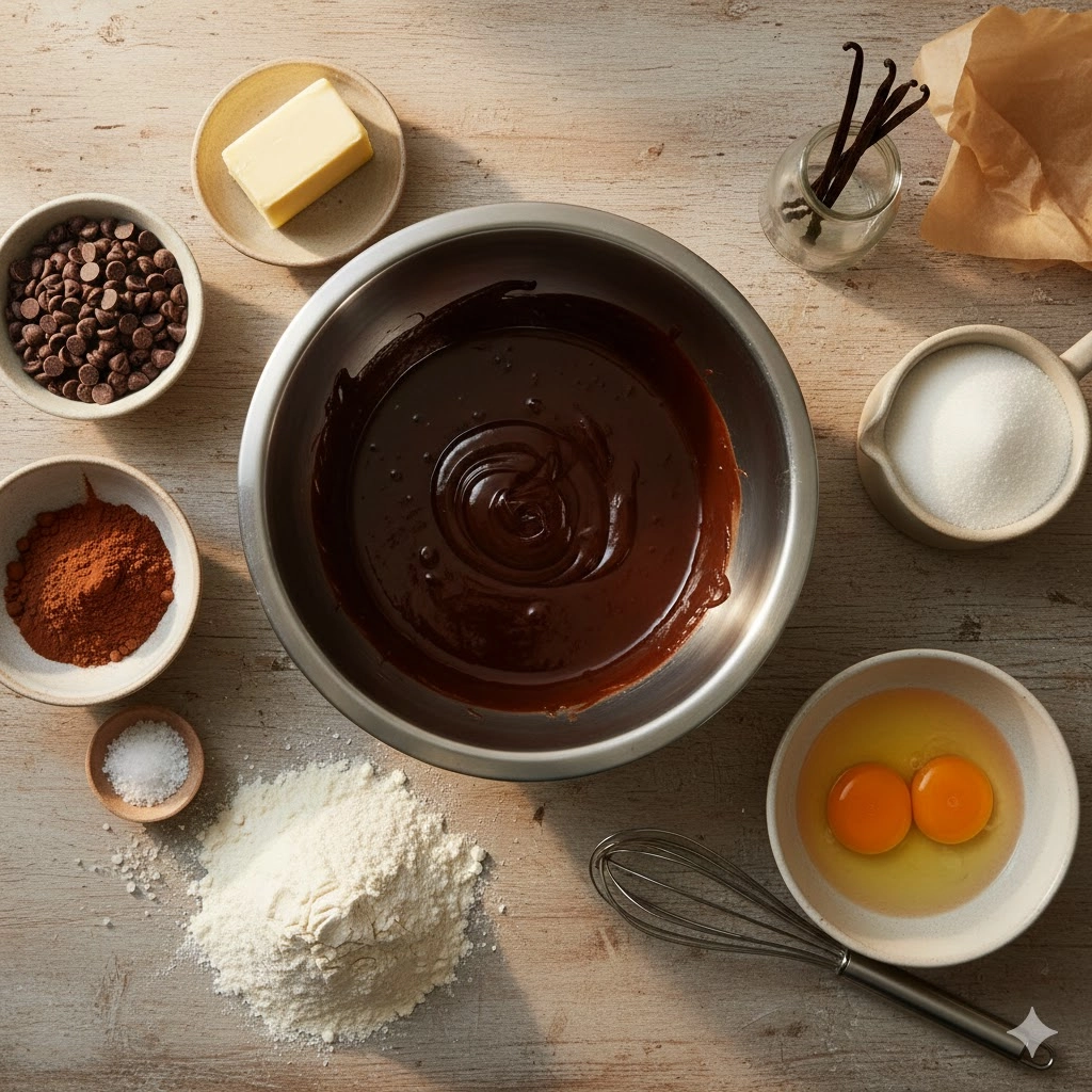 Ingredients for Fudgy Chewy Brownies including chopped chocolate, butter, sugar, flour, and eggs.