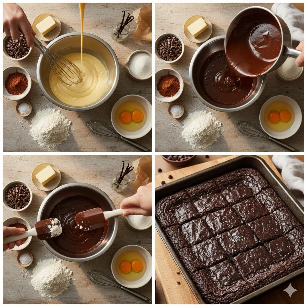 Hand folding the flour into the chocolate batter to create Fudgy Chewy Brownies.