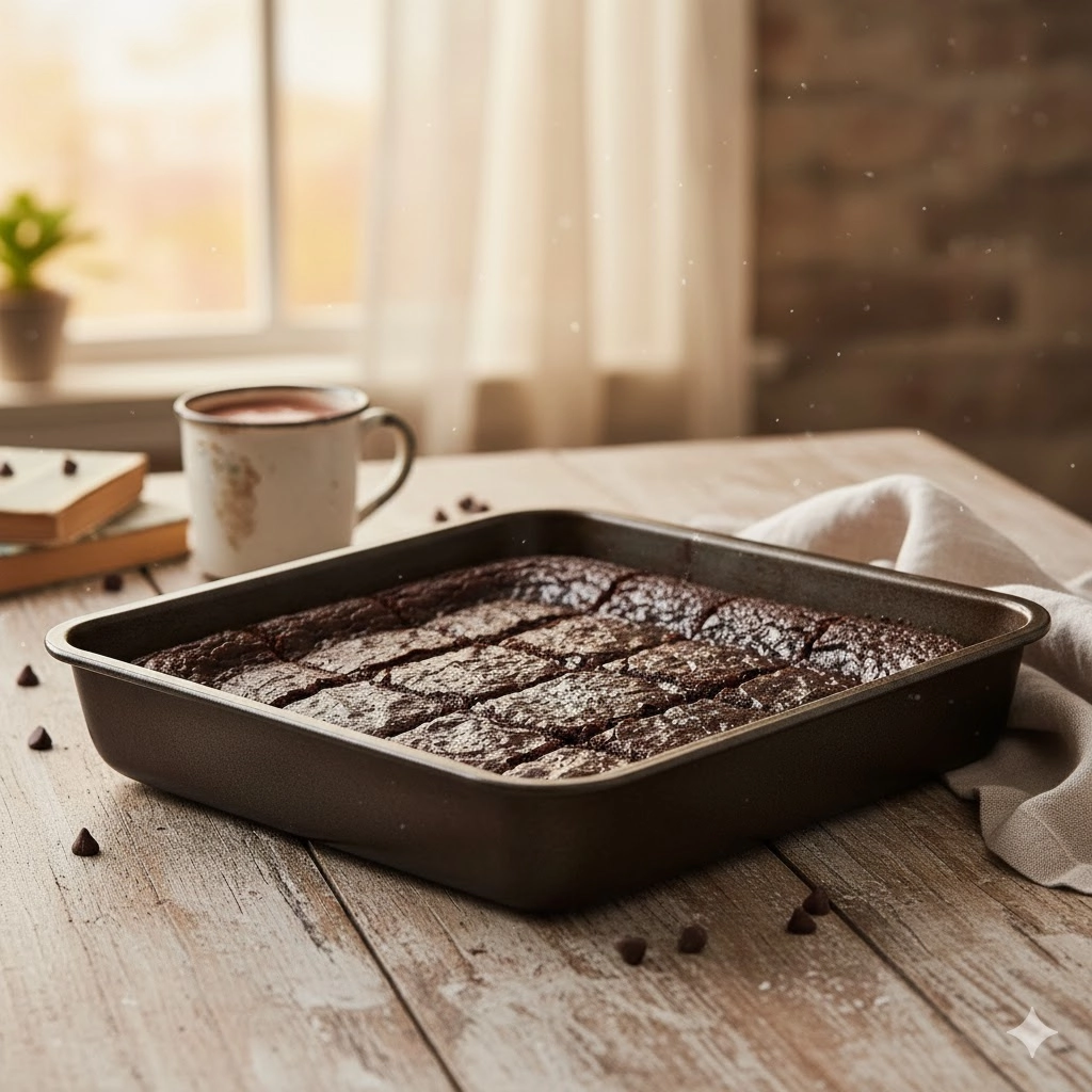 A close-up of a square-cut, dense, and rich Fudgy Chewy Brownies with a crackled top.
