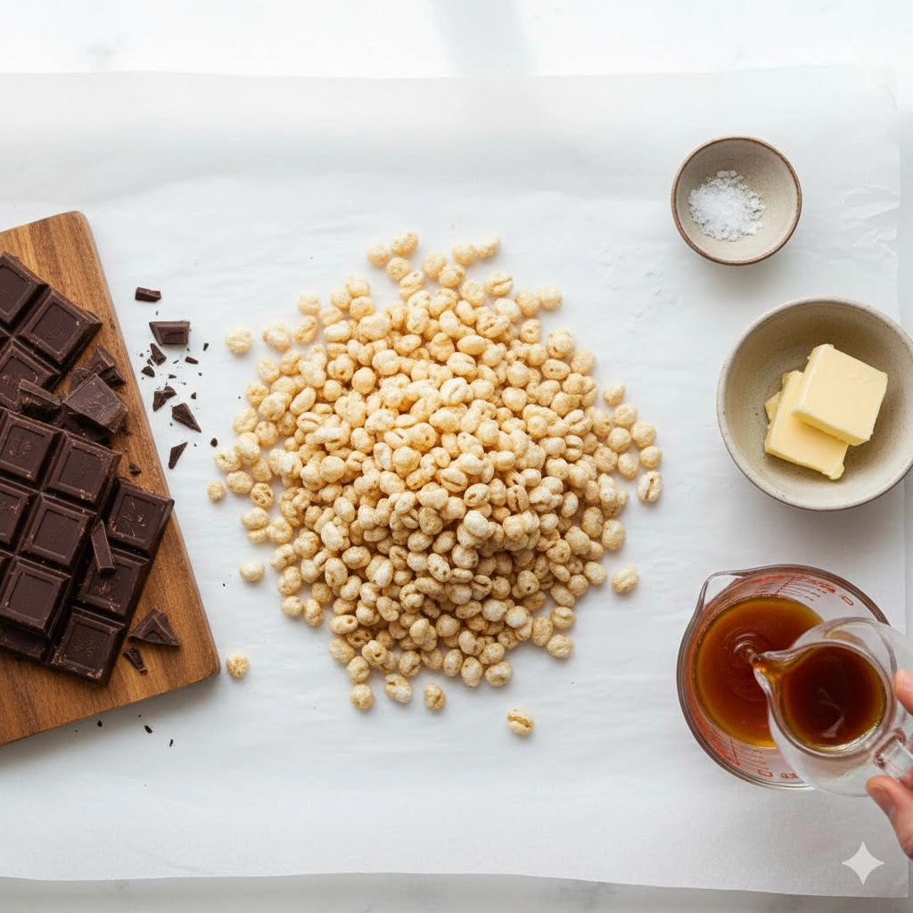 Ingredients laid out: dark chocolate, puffed rice cereal, butter, and liquid syrup for crunchy chocolate balls.