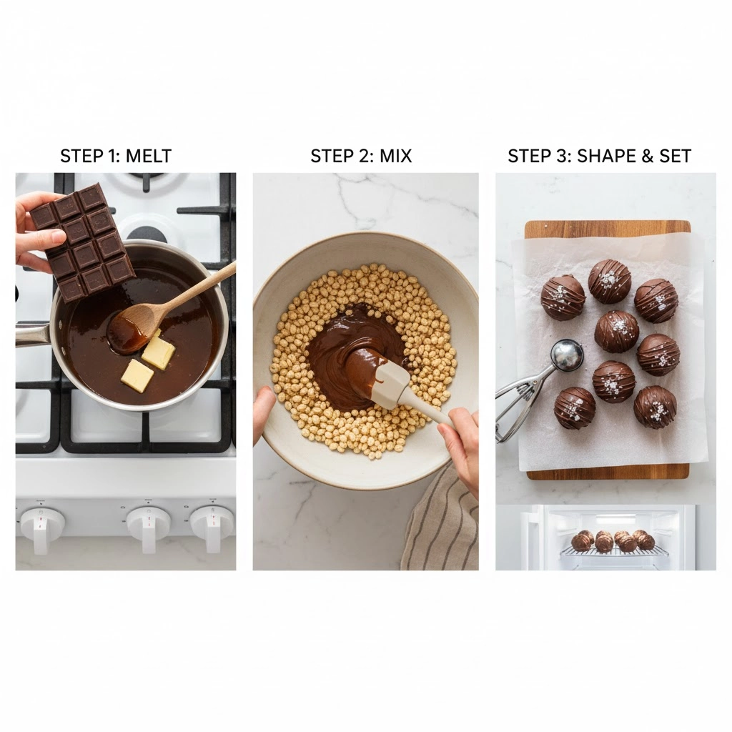 Hand gently folding puffed rice into melted chocolate mixture in a bowl to create crunchy chocolate balls.