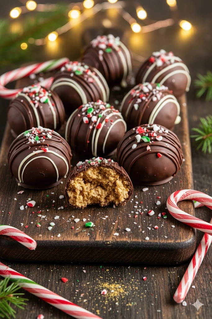 Stack of homemade crunchy chocolate balls on a white platter, showing the interior texture and glossy finish.