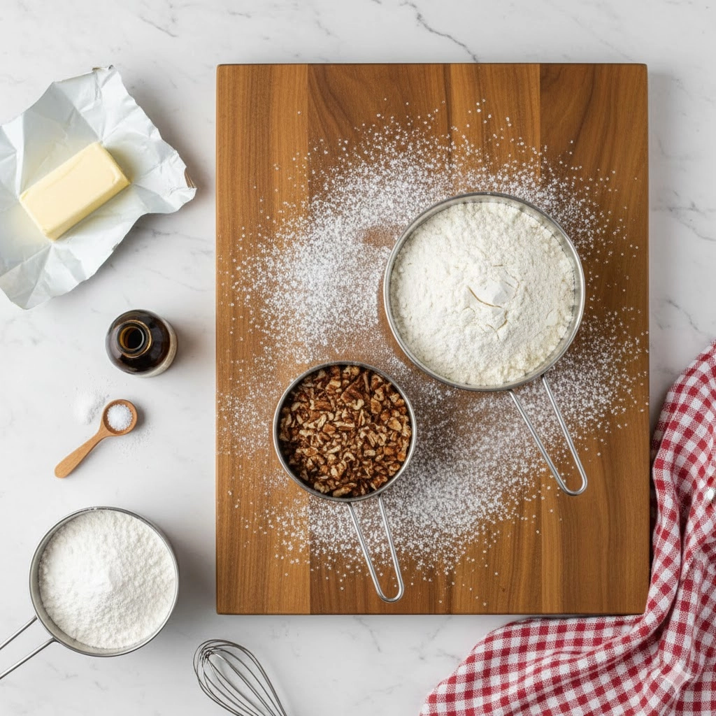 Key ingredients for Buttery Snowball Cookies, including butter, flour, sugar, vanilla, and chopped nuts.