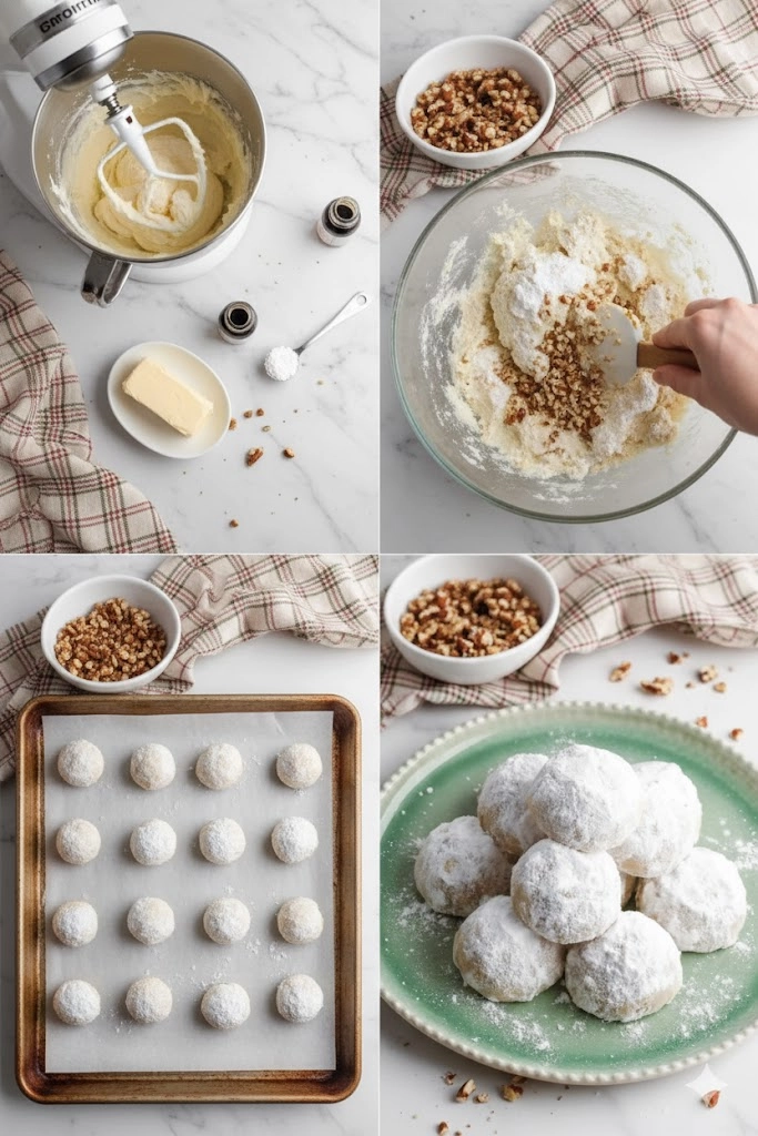 A hand rolling warm Buttery Snowball Cookies in a bowl of white powdered sugar.